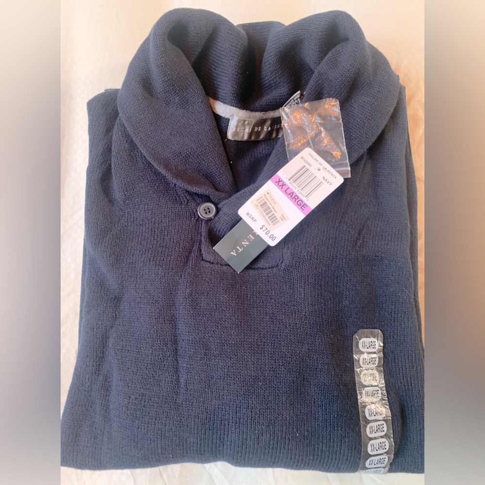 NWT Oscar De La Renta Mens 2XL Sweater Knit Pullover Shawl Collar Navy Blue